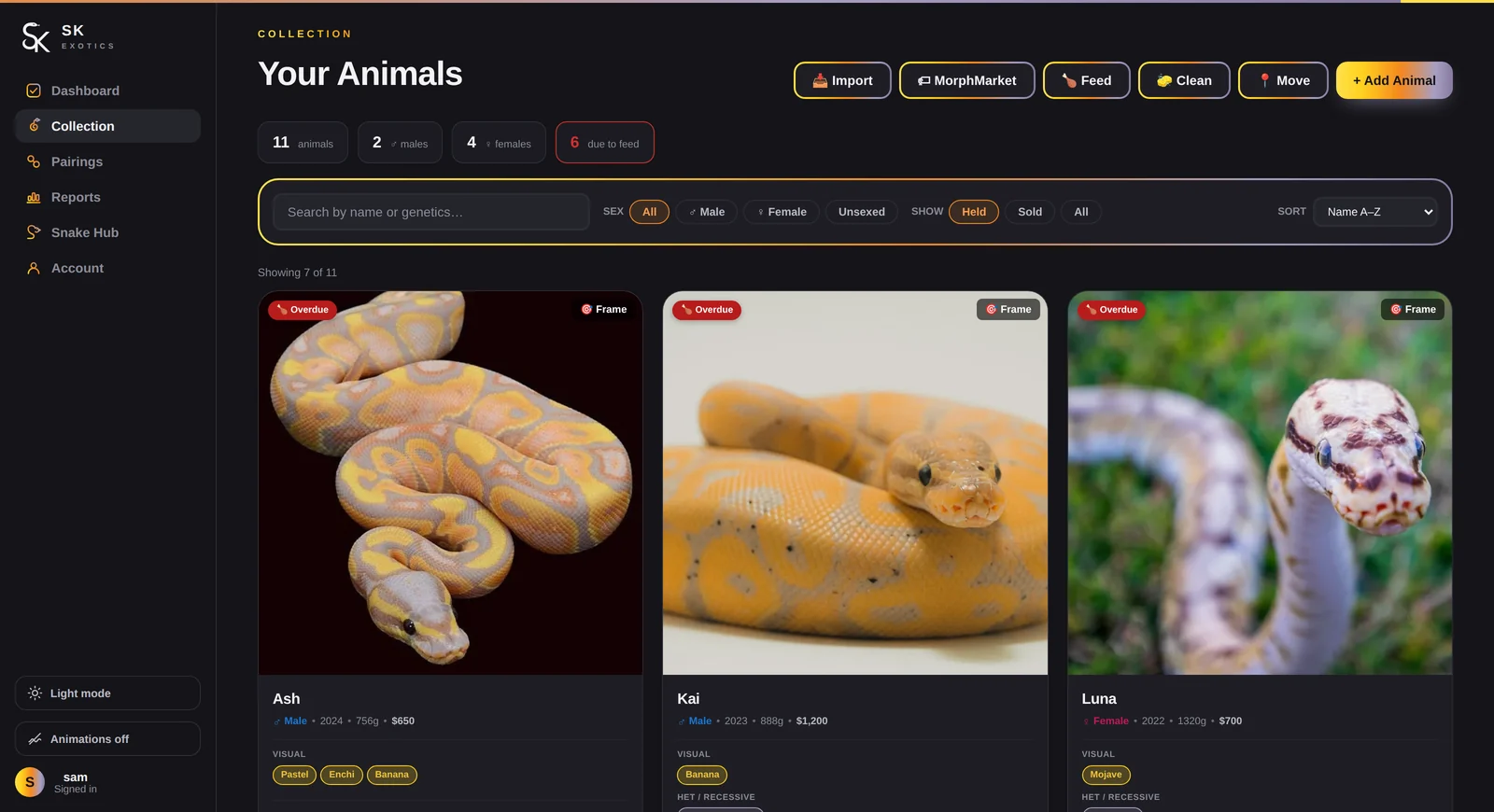 Ball python collection tracker showing animal cards with morph, weight and feeding status